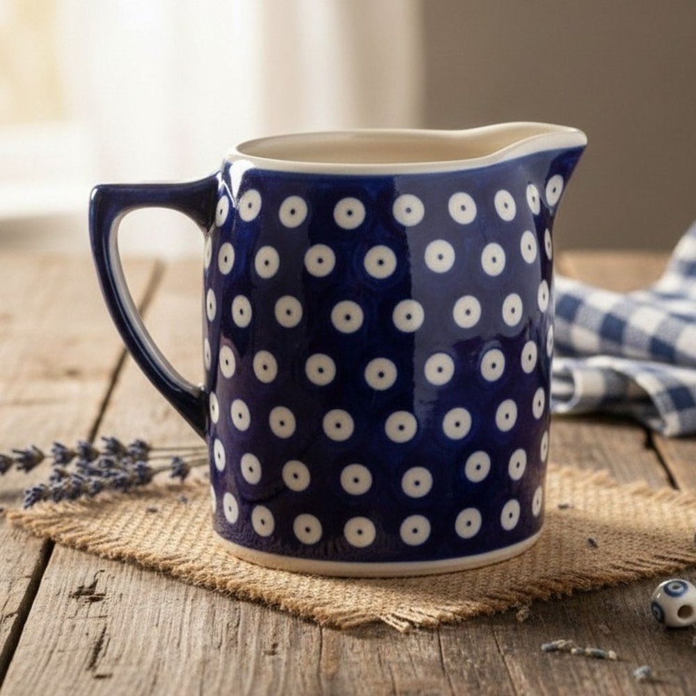 Boleslawiec Polish Pottery Blue & White Dot Creamer, Vintage Ceramic Pitcher